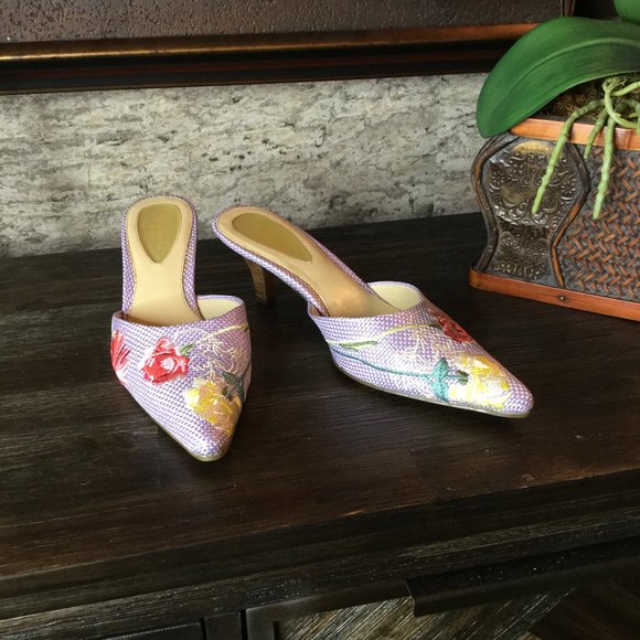 Liz Claiborne canvas embroidery floral slide in heels - Picture 1 of 5